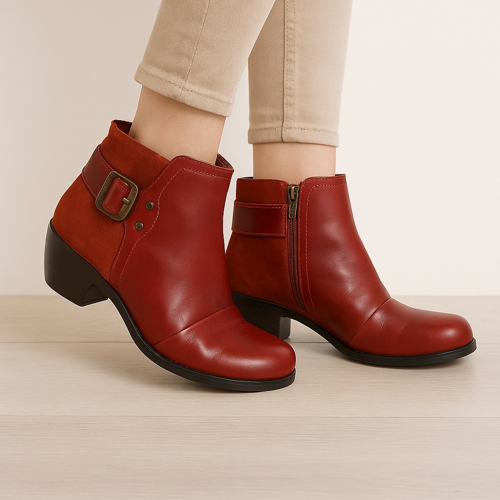 FLY LONDON Red Leather & Suede Ankle Boots Buckle Zip Size 5.5